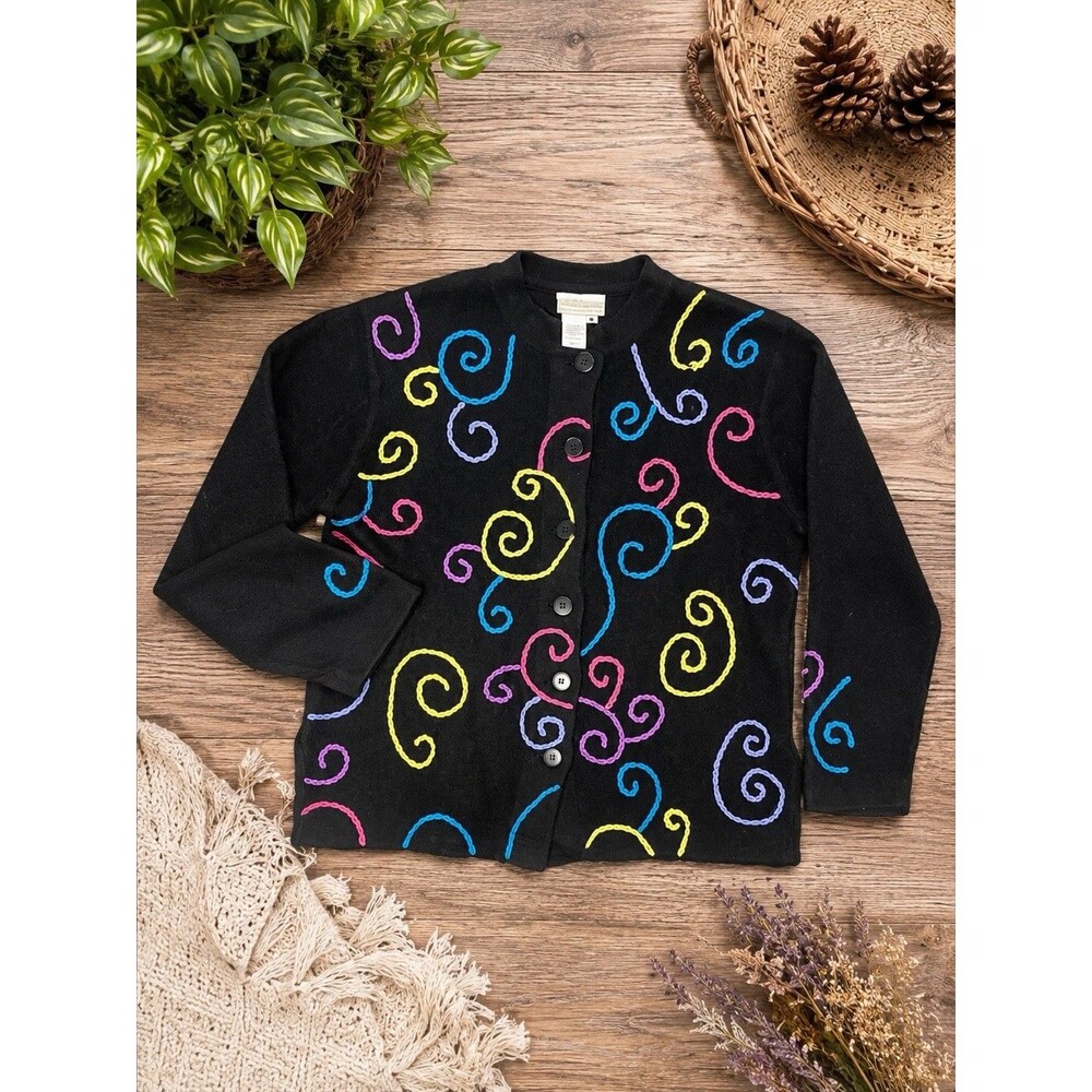 Coldwater Creek Womans Medium Black Swirl 100% Wool Button Cardigan Sweater